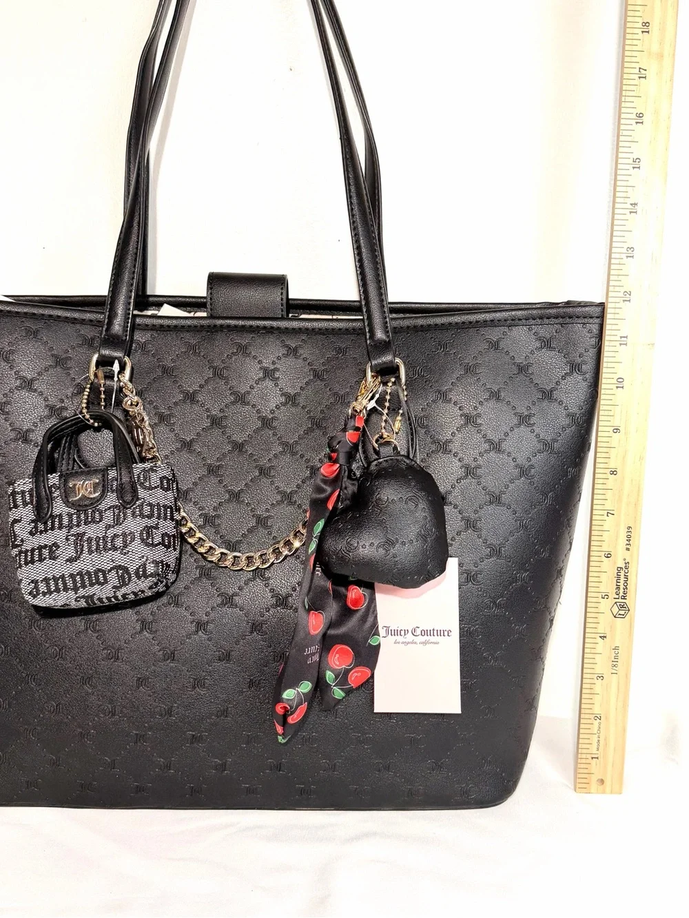 Juicy Couture Black Embossed Large Tote with Charm Chain and Scarf NWT